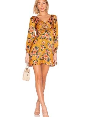 FREE PEOPLE morning light golden yellow print long sleeve mini dress size 4 EUC